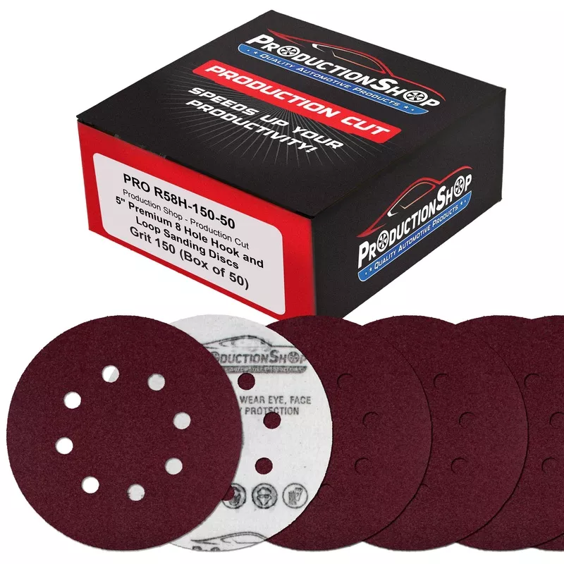 Premium 5″ Red 8-Hole Pattern 150 Grit Sanding Discs, Box of 50 – Dustless Hook & Loop Backing Sandpaper for Random Orbital Sanders, Medium-Fine-Cut Abrasive